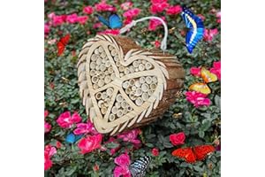 EXECABE Mason Bee House Native Bee Hive Natural Handmade Heart-Shaped Wooden Bee Box Habitat Home Hotel with Bamboo Tubes Attracts Peaceful Bee Pollinators to Your Garden, 11.2 x 4.33 x 9.45 inch