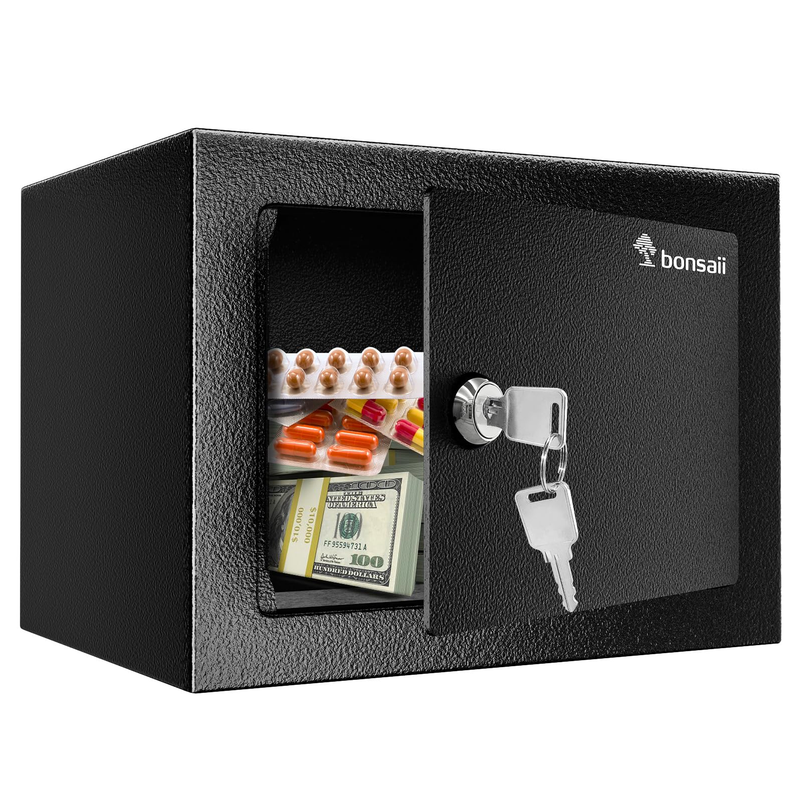 Photo 1 of Bonsaii Safe Box with Key Lock, Steel Construction Money Safe Box, 0.22 Cubic Feet Small Hidden Safe Box for Home, Security Cabinet Safe Lock Box with Keys for Cash Jewelry, 6.69 x 9.06 x 6.69 Inches