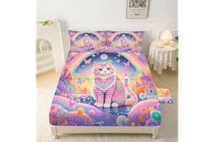 EDGZKO Rainbow Cat Sheets Twin: Cute Cat Print Bed Sheets for Kids Teen Girls Pink Kawaii Ethnic Kitten 3 Piece Bedding Sets 1 Fitted Sheet & 1 Flat Sheet & 1 Pillowcase