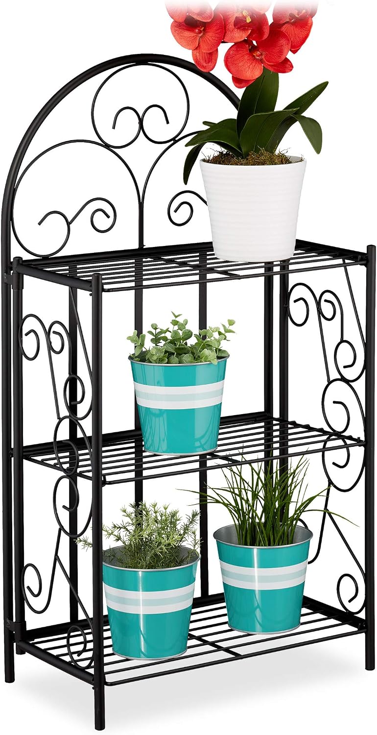 Relaxdays Plant Stand, Flower Rack with 3 Shelves, Foldable, H x W x D: 83 x 44.5 x 25 cm, Metal, Black, 1 item