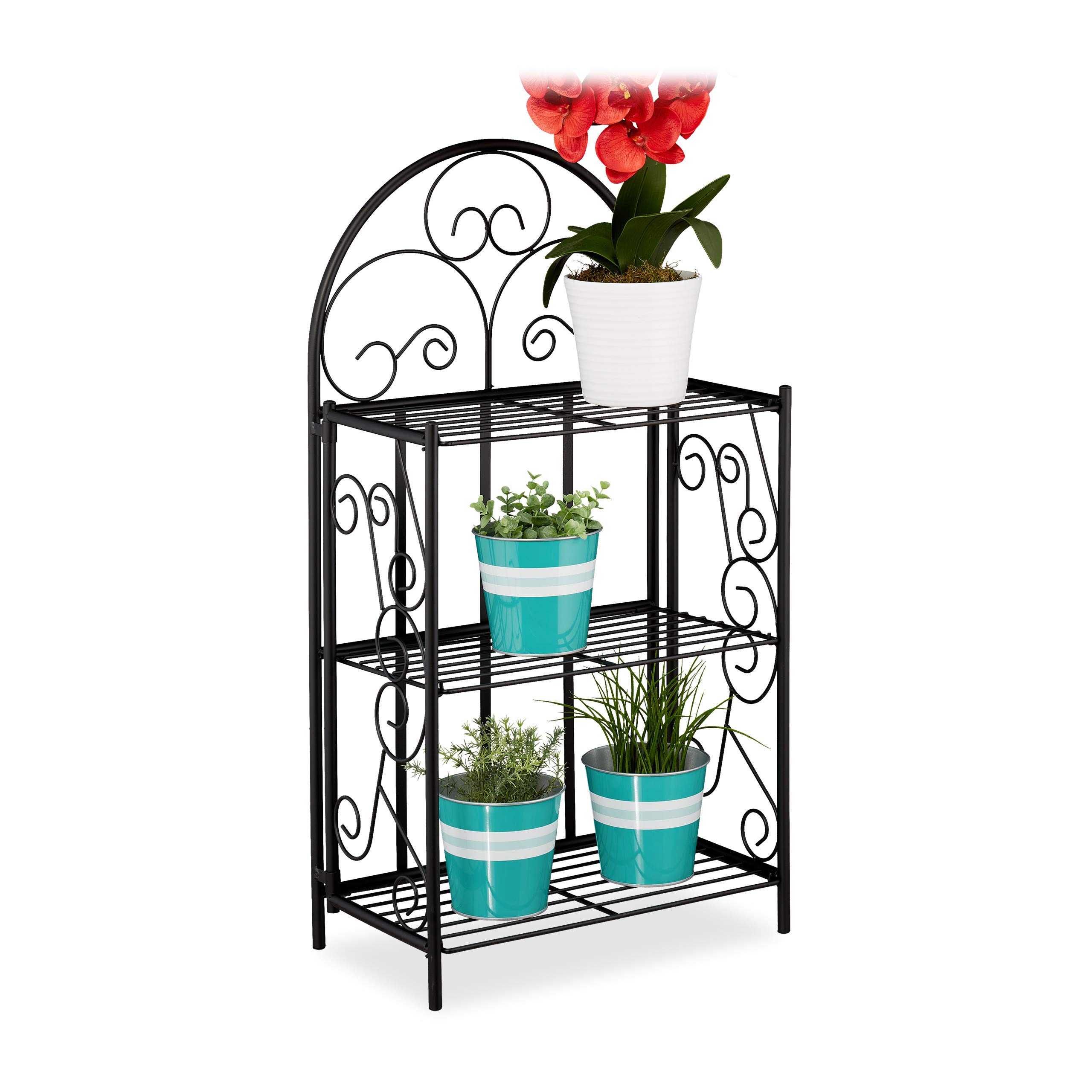 Relaxdays Plant Stand, Flower Rack with 3 Shelves, Foldable, H x W x D: 83 x 44.5 x 25 cm, Metal, Black