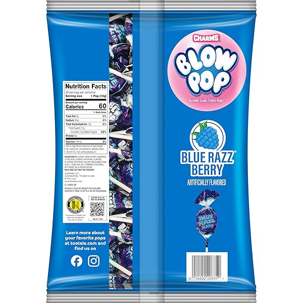 CHARMS BLOW POP SINGLE FLAVOR BAG – BLUE RASPBERRY FLAVORED LOLLIPOPS WITH A BUBBLE GUM CENTER – INDIVIDUALLY WRAPPED HARD CANDY – BLUE CANDY – PEANUT FREE, GLUTEN FREE, 50 COUNT (PACK OF 1)