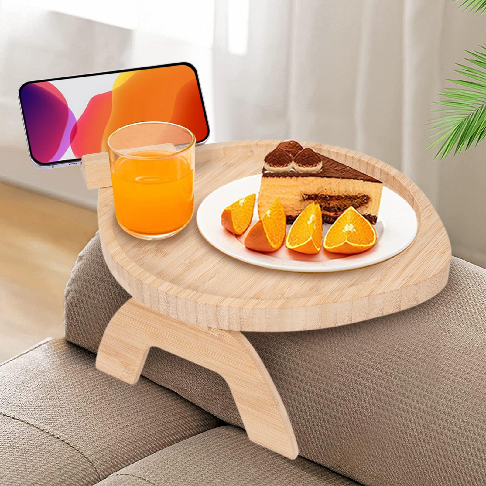 Bamboo Sofa Arm Tray Table with 360°Rotating Mobile Holder Foldable Couch Armrest Tray Portable Couch Arm Clip Table for Remote Control Drinks Snacks Phone