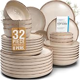 32 Piece Stoneware Dinnerware Set for 8, Handcrafted Plates and Bowls Set | Durable Reactive Glaze, Dishwasher &amp; Microwave Safe Dish Set, Chip &amp; Scratch Resistant Dishware Set, Rustic Beige