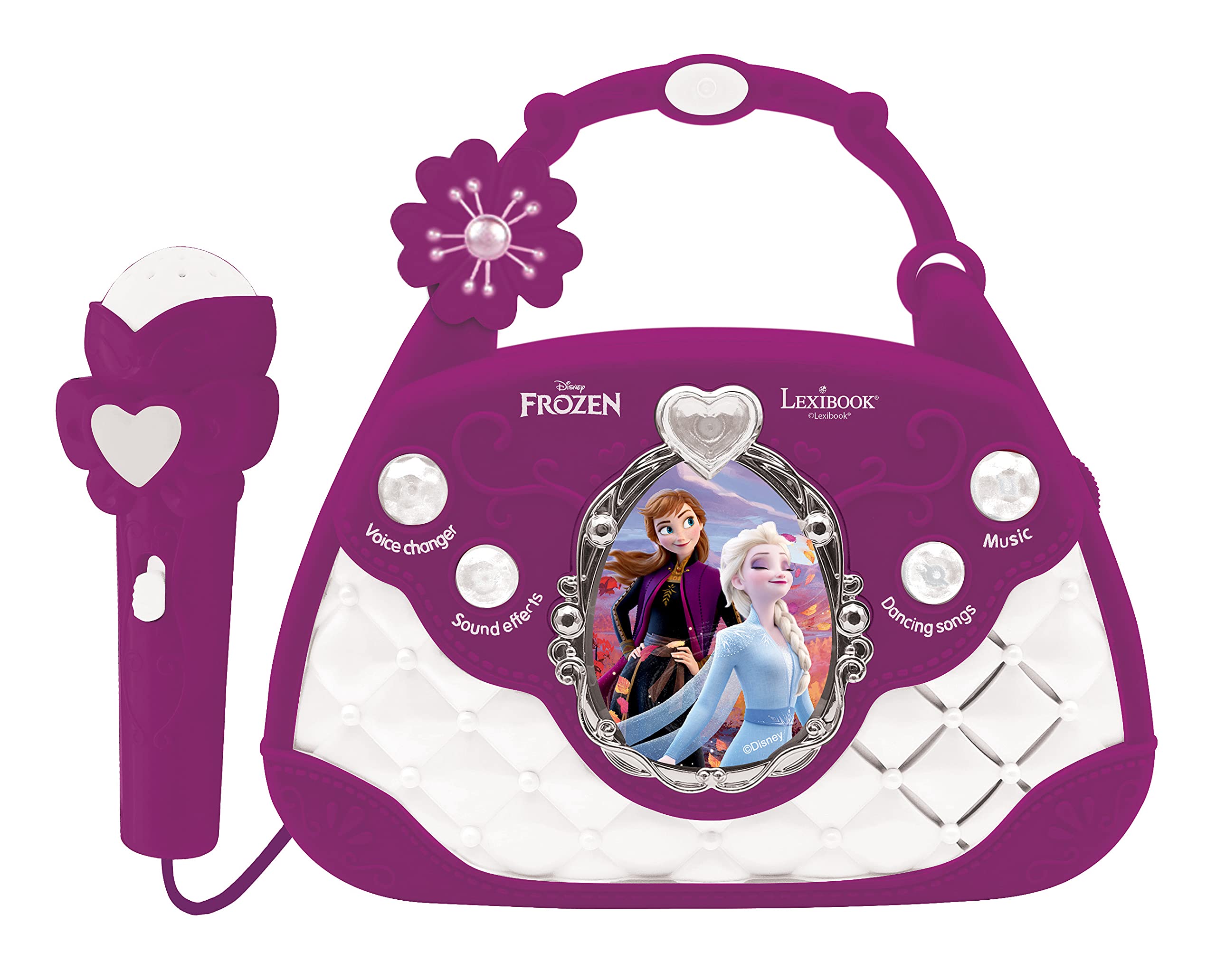 Lexibook, Frozen, Karaoke Bag with Microphone, voice changer, demo songs, light effects, mic included, aux-in input, purple, K102FZ