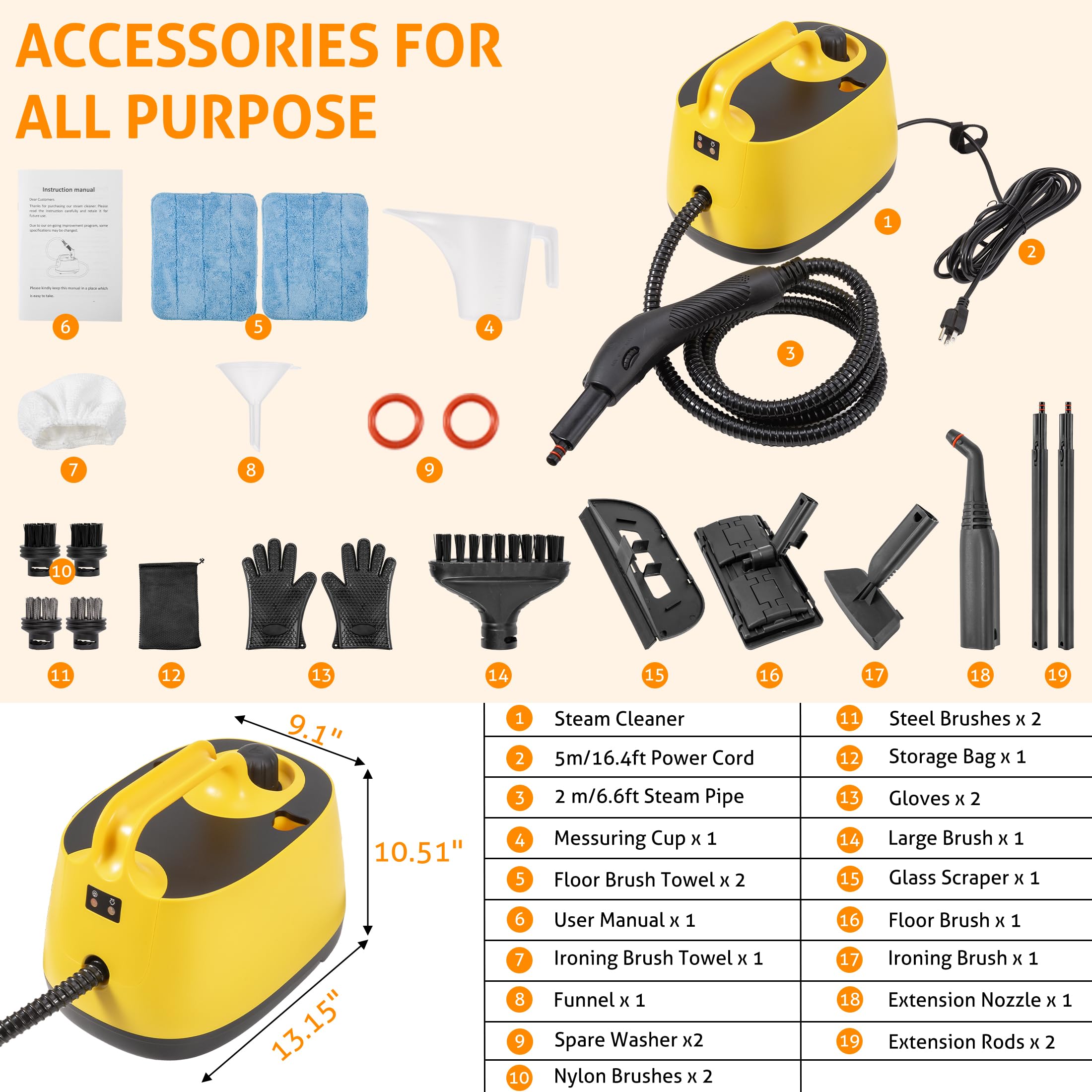 WICHEMI Steam Cleaner with Extension Pole, 51 oz, Steam Cleaner for Home, Adjustable Steam Pressure, 26 Accessories, Handheld Steam Cleaner for Walls, Gaps, Hard Floors, and Tiles