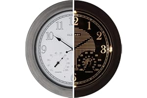 CLXEAST 18 Inch Farmhouse Illuminated Outdoor Atomic Wall Clock with Thermometer & Hygrometer Combo, Night Lighted Wall Clocks for Living Room Decor, Weather Stations,Brushed Grey Oak Finish
