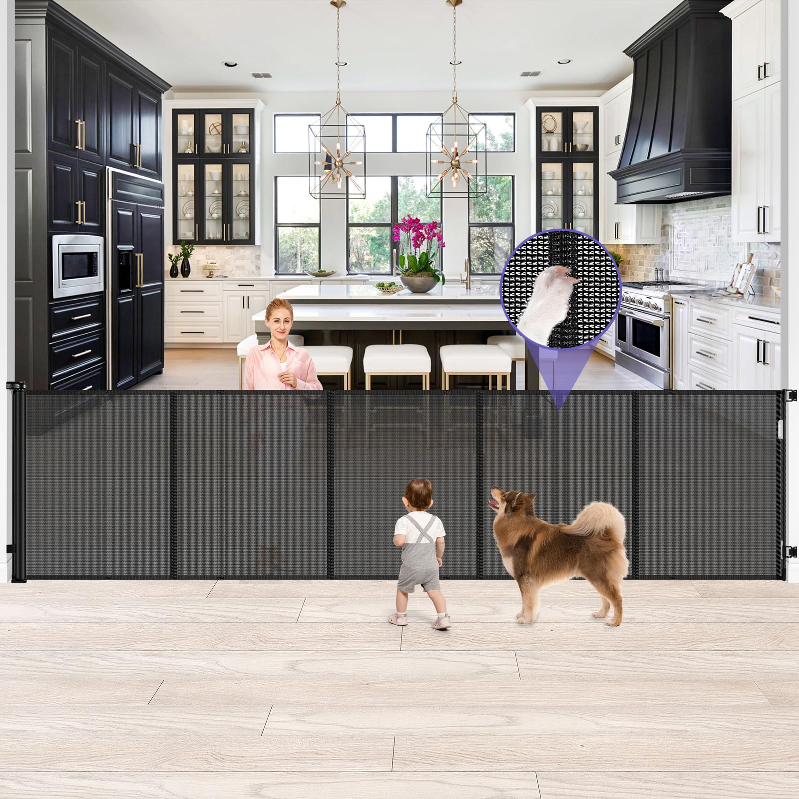 Photo 1 of ***MISSING ASSEMBLY PIECES *** 42 Inch Extra Tall Baby Gate 120 Inch Extra Wide Retractable Baby Gates for Large Openings, Upgraded Retractable Gate Keeps Pets from Getting Under Tall Pet Gate, Indoor/Outdoor Long Dog Gate