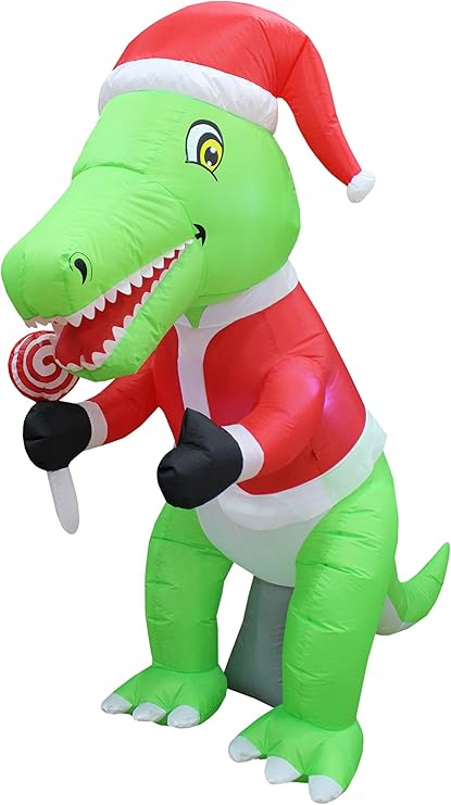 6 Foot Tall Christmas Inflatable Green Dinosaur With Christmas Hat