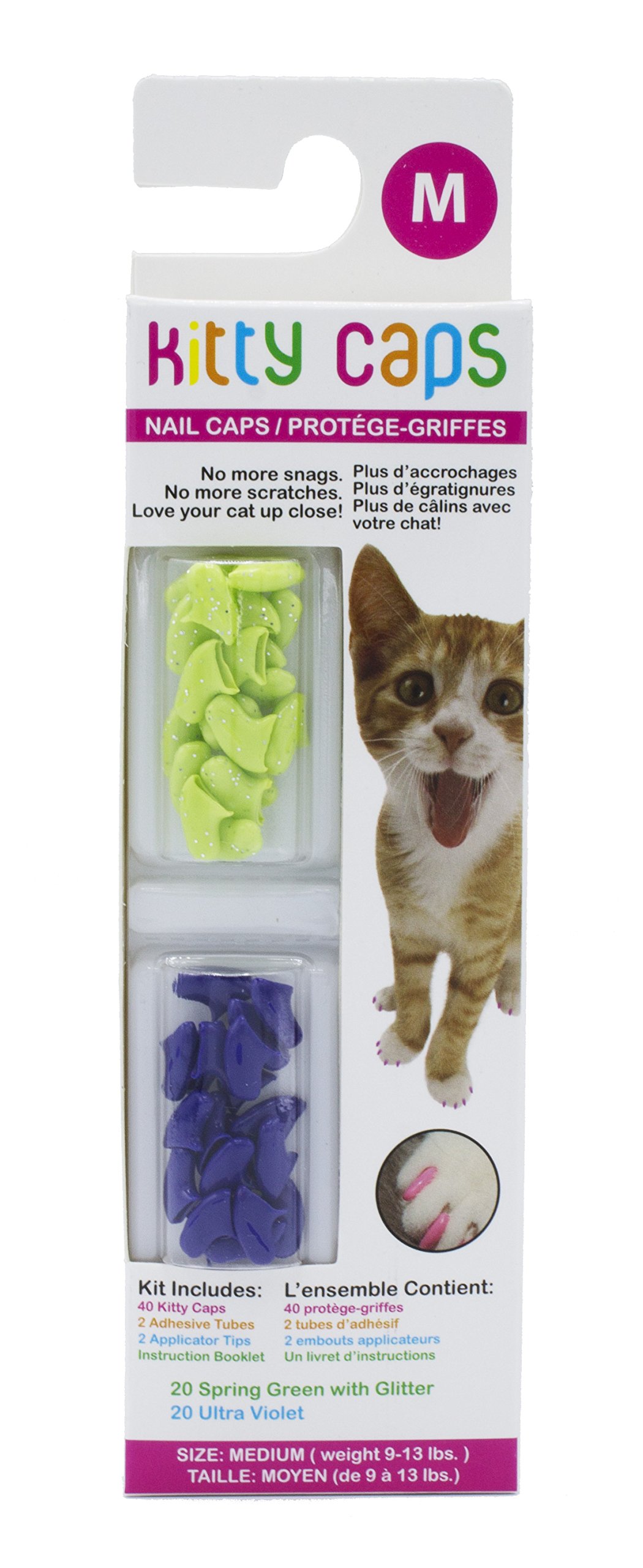 Kitty Caps Nail Caps for Cats | Safe & Stylish Alternative to Declawing | Stops Snags and Scratches, Medium (9-13 lbs), Spring Green with Glitter & Ultra Violet