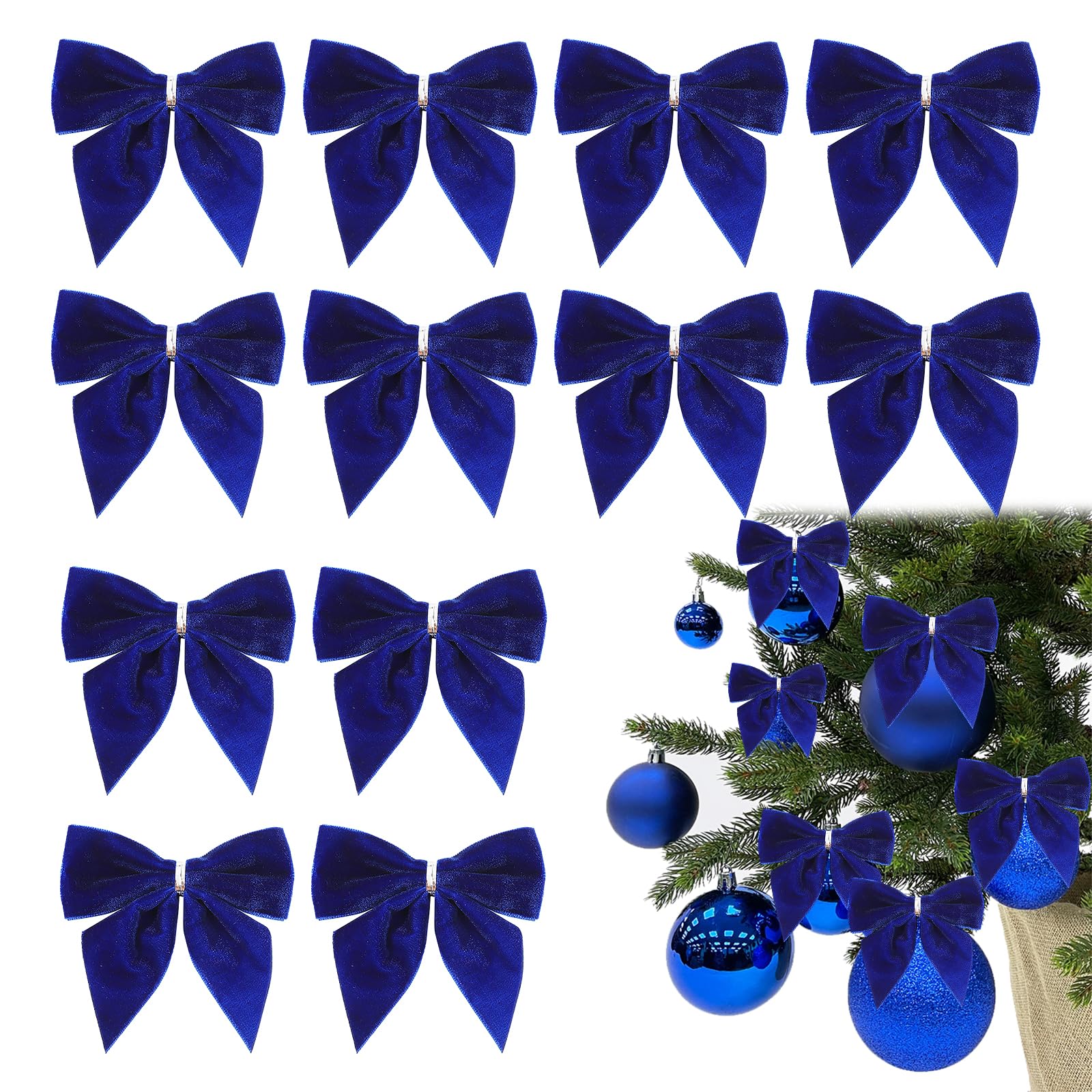 iwiio Blue Bows for Christmas Tree Decorations - 12Pcs Velvet Christmas Tree Ties, Christmas Wreath Bow Christmas Tree Ornaments Bows for Christmas Party Decoration