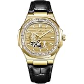 Men Watch Mechanical Automatic Winding Elegant Nautilus Leather Wristwatch | Diamond Bezel Square Octagonal watch 24 Hours/Running Seconds/Skeleton Dial