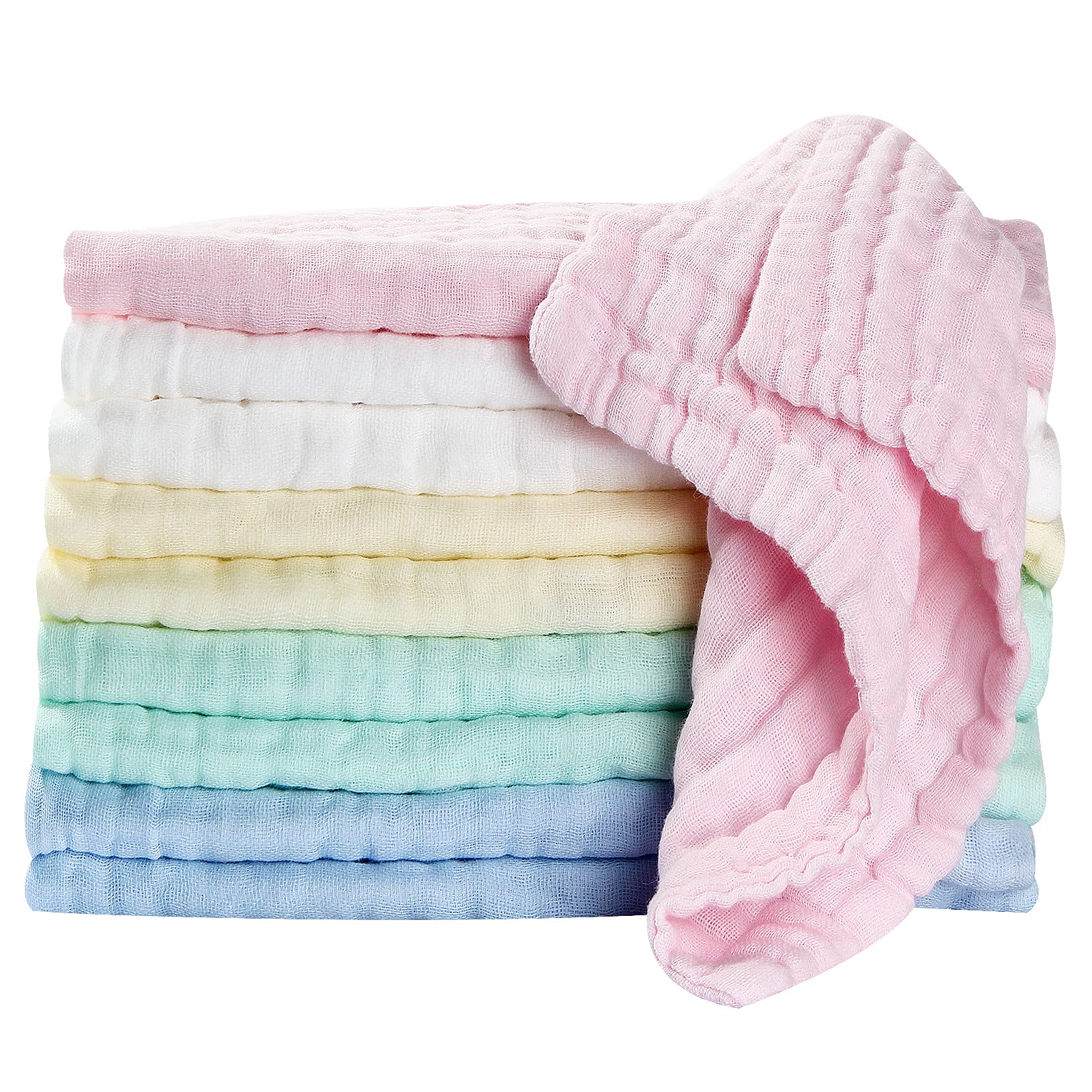 koo-dib Baby Muslin Squares Washcloths Baby Essentials for Newborn Muslin Cloths for Baby Towels Reusable Muslin Clothes 10 Pack (25x25cm)