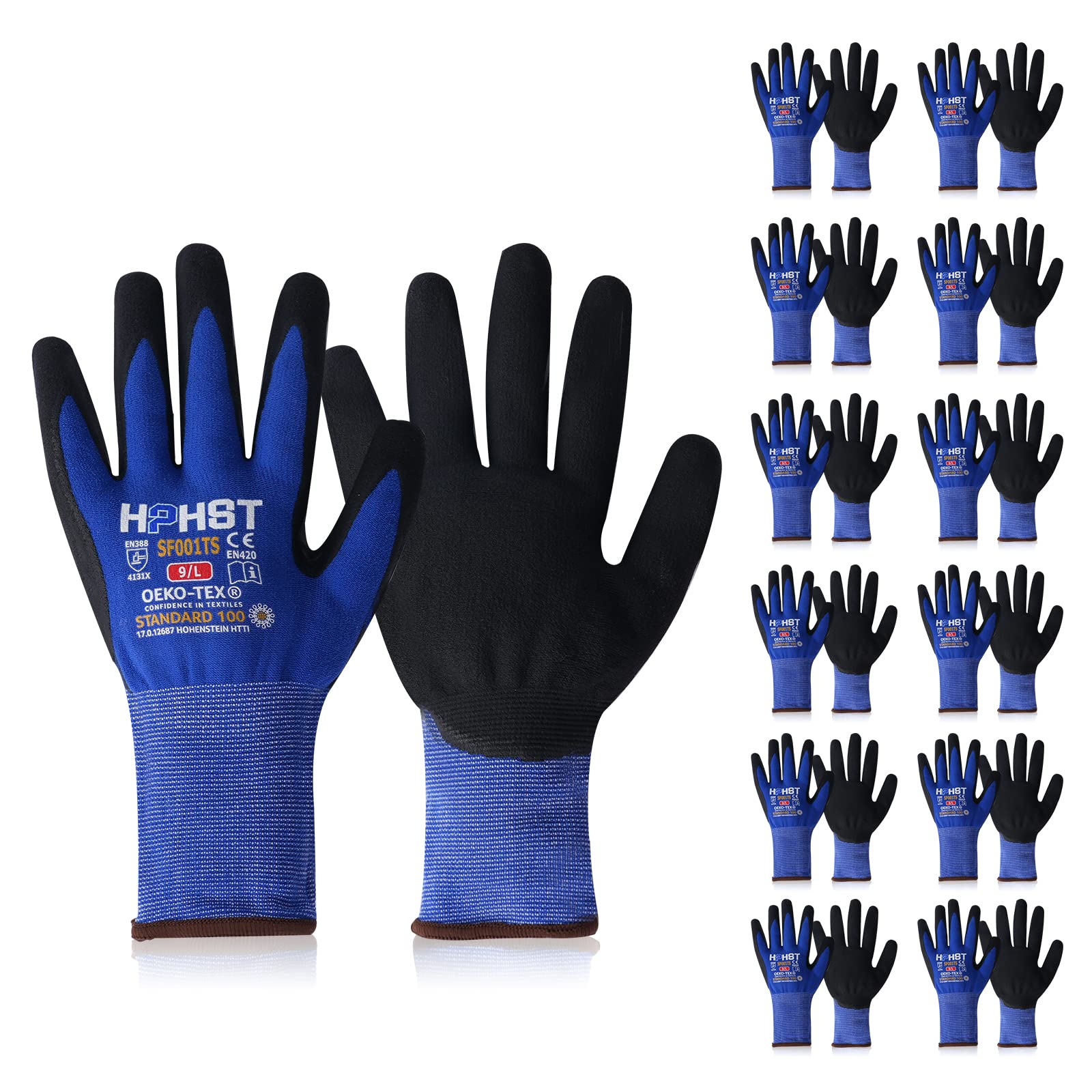 HPHST Nitrile Work Gloves SF001TS,Micro Foam Technology & Spandex Liner Nitrile Coated,CE Approved 15 Gauge Ergonomic Design,Smart Touch,Thin Machine Washable (Small, Blue 12 Pairs)