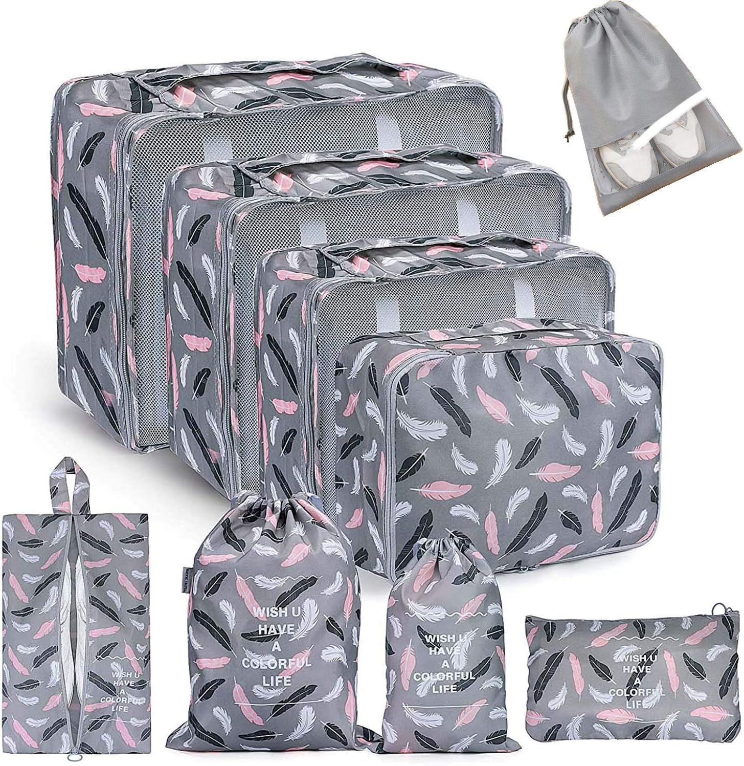 Voniry 8 Set Packing Cubes Waterproof Mesh Compression Travel Luggage