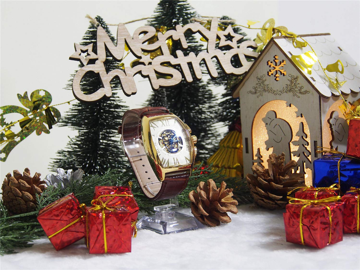 Sewor lusso uomo cranio testa meccanico automatico orologio da polso con fascia in vetro rivestimento blu (Oro & Bianca)