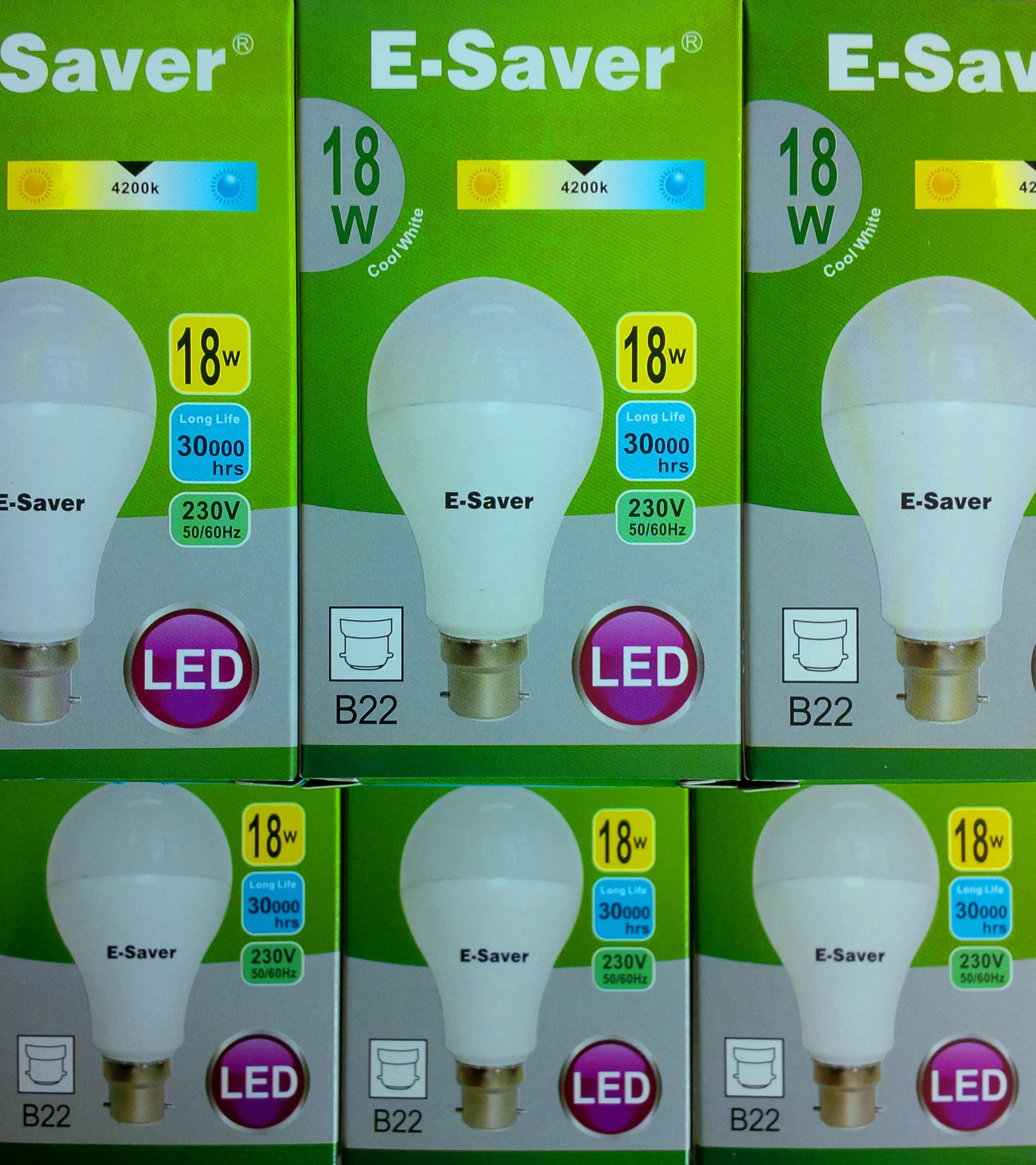 E-Saver - LED Standard GLS A60 (Globe) - Led Light Bulbs - 18w - (Pack of 6) - Cool White 4200k - Bayonet Light Bulb - (B22- B22d)