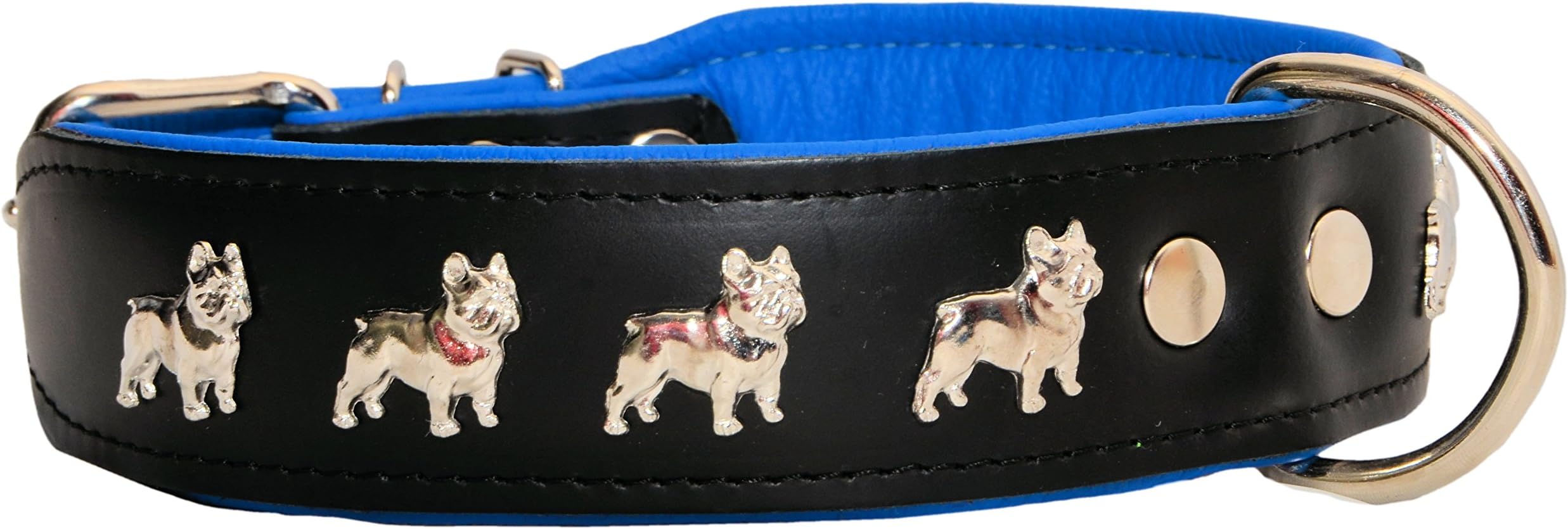 MALWERABLACK/BLUE REAL LEATHER DOG COLLARS FRENCH BULLDOG Handmade (medium 20" 4.0cm/50cm)