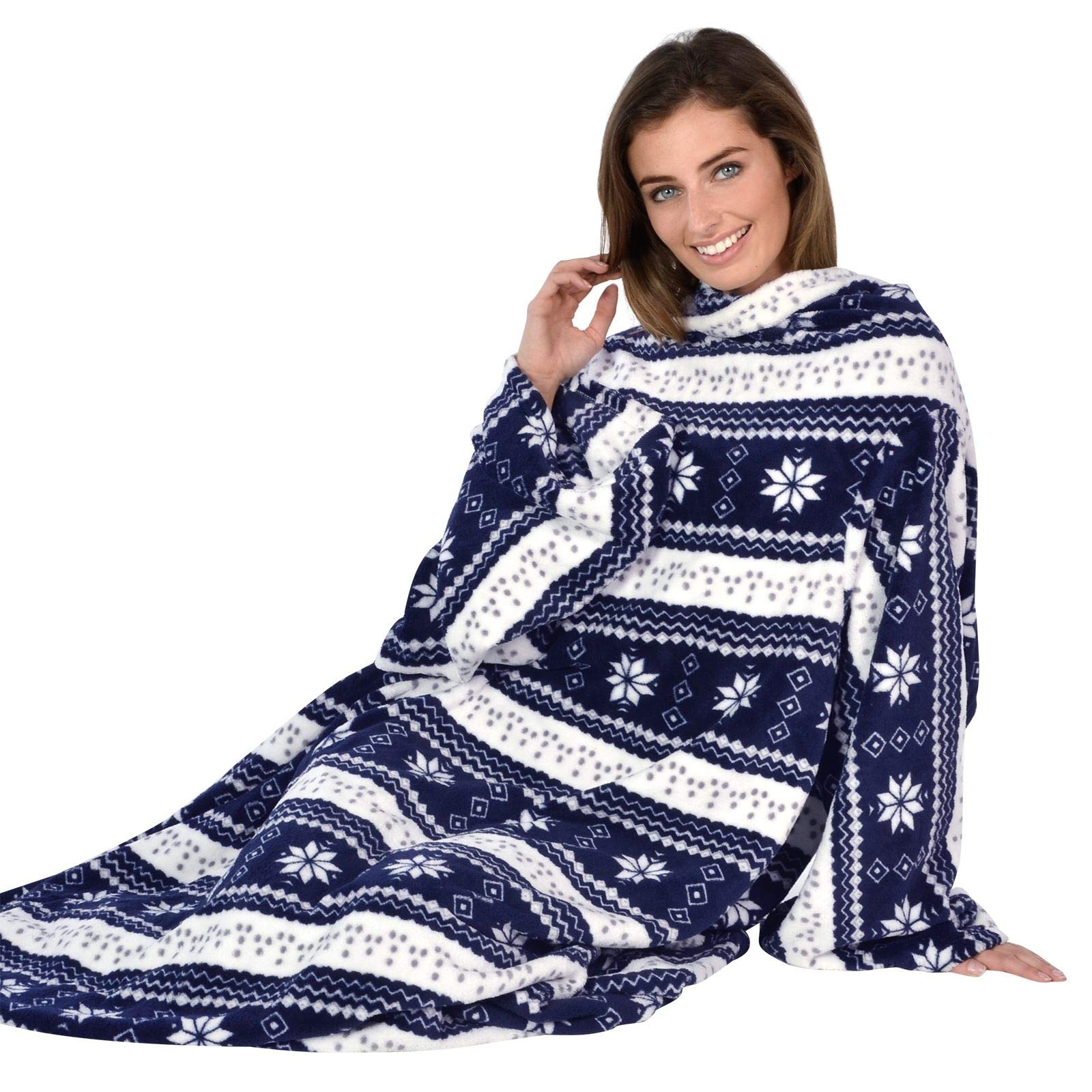 Autumn Faith Snuggle Blanket With Sleeves Wrap Around Fleece One Size - Navy