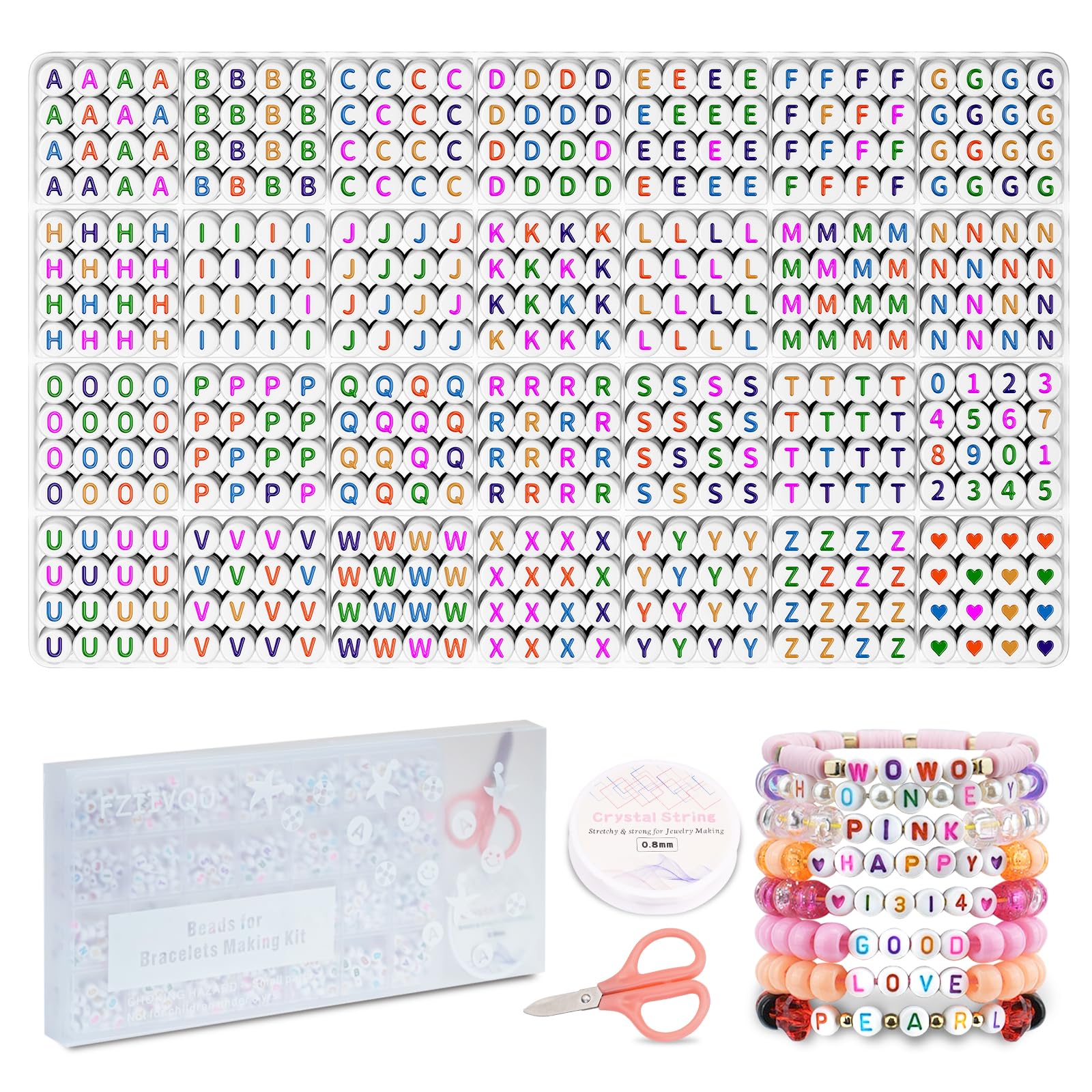 FZIIVQU 1450 Pieces Letter Beads, 28 Styles Acrylic 4x7mm Round Letter Beads Kits, Alphabet Beads A-Z Heart Pattern Beads and Number Beads for Bracelets Necklaces DIY Jewelry Making — image 1