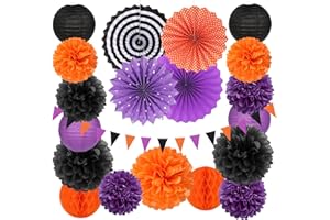 Black Orange Purple Halloween Party-Decorations - 20pcs Paper Lanterns Fans,Tissue Pom Poms,Honeycomb Balls, Birthday Baby Bridal Shower Graduation Wedding Hotel Transylvania Decor Burgleda
