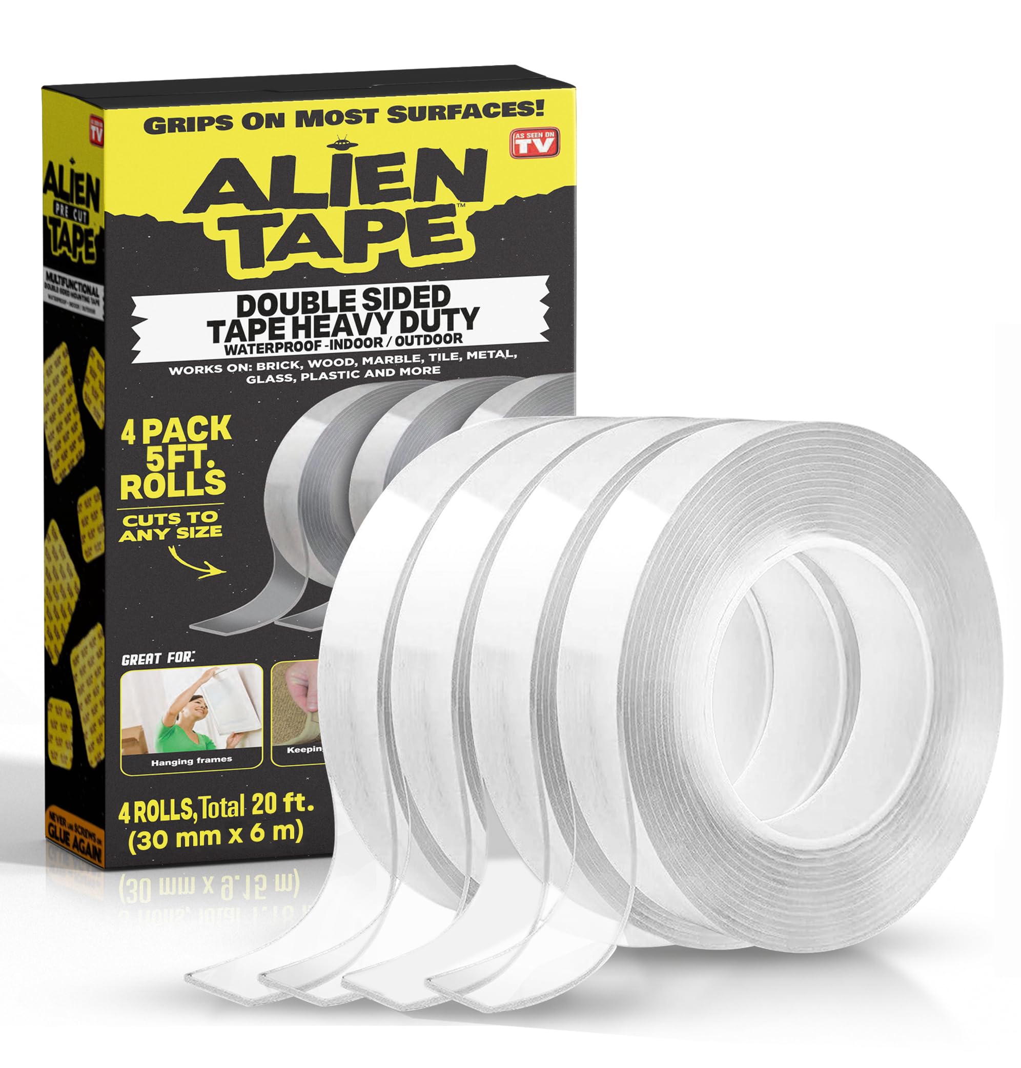 ALIEN TAPE Heavy Duty Double Sided Tape, Nano Tape, Feet Clear Adhesive Tape for Poster Photo Wall Decor As Seen on TV, (4 Rolls - 20 Feet Total)