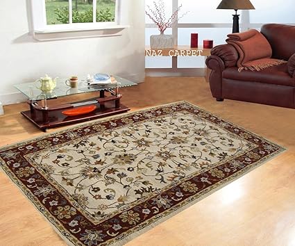 Naz Carpet For Living Room:- Handwoven Pure Woolen Carpet 150X240cms (5X8) Feet Ivory & Maroon