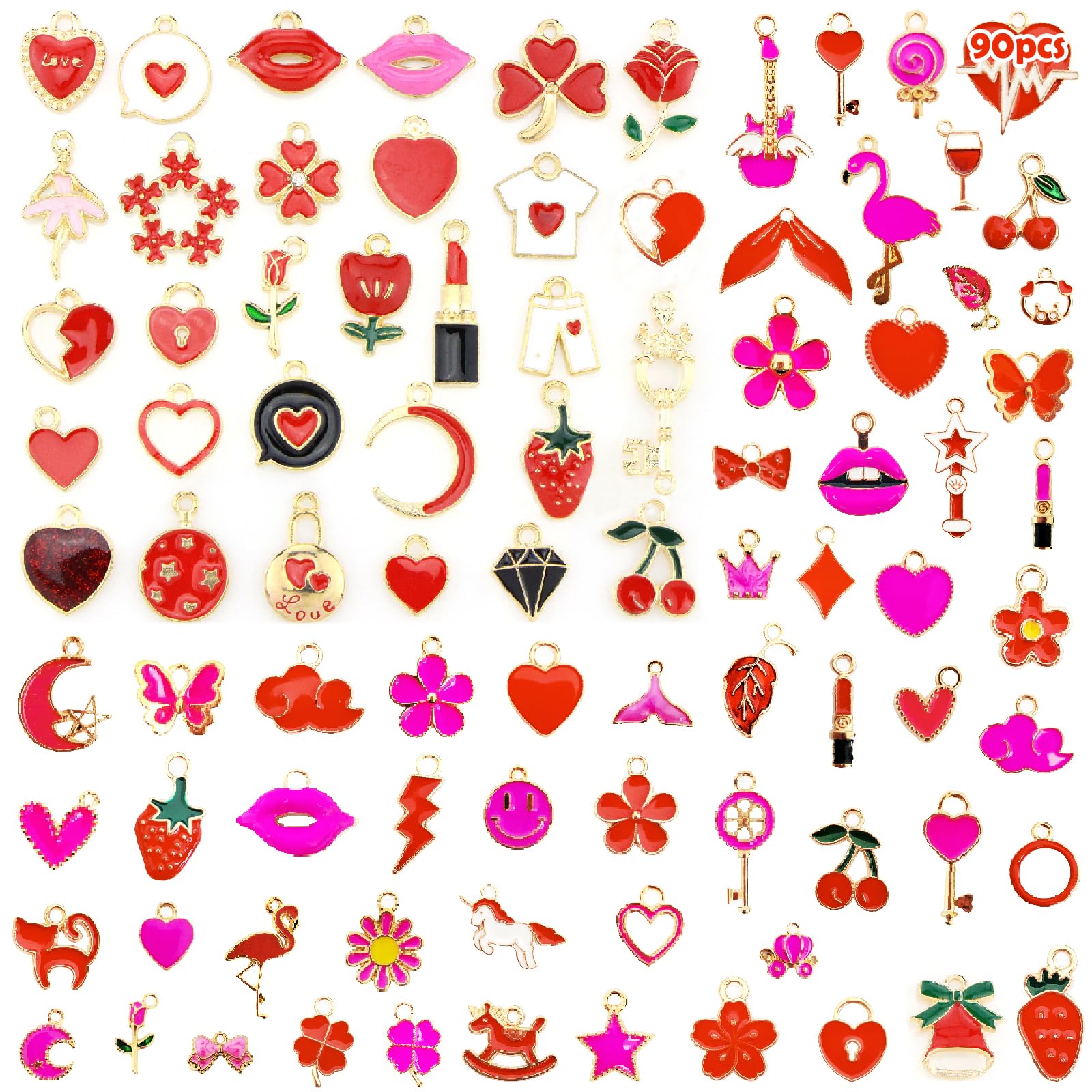 Acuiwer Valentines Charms for Jewelry Making Alloy Assorted Enamel Jewelry 90 PCS Charm Alloy Gifts DIY Girls Favours
