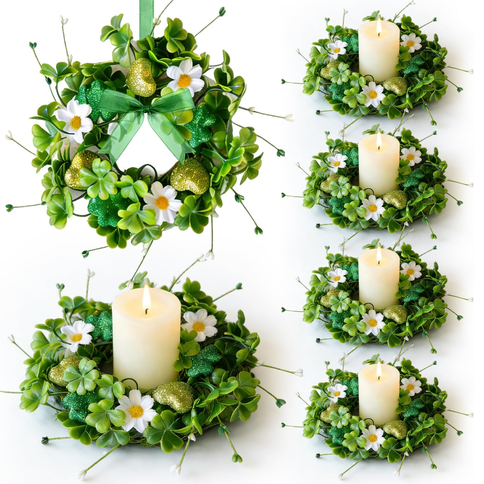 Photo 1 of 6 Pcs St. Patrick's Day Small Candle Rings Wreaths Mini Pillar Candle Holder Wreath with Green Shamrock Clovers and Daisy Artificial Wreath for Home Kitchen Table Cnterpieces Front Door Window Porch