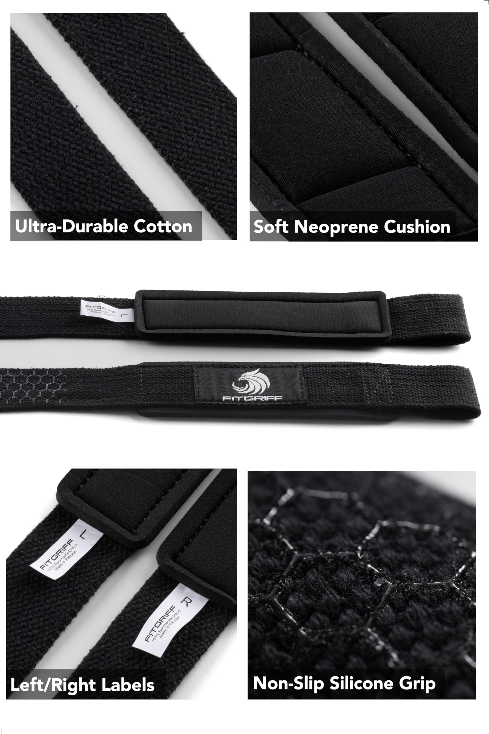 Fitgriff® Zughilfen (gepolstert) für Krafttraining, Bodybuilding, Fitness - Kreuzheben Gurte - Lifting Straps - für Frauen und Männer (Original Black, Silicone) 3