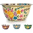 Large Hand Painted Stainless Steel Fruit Bowl - Decorative Floral for Salad Mixing and Serving - Traditional Kashmiri Art for Home Decor (Cream)