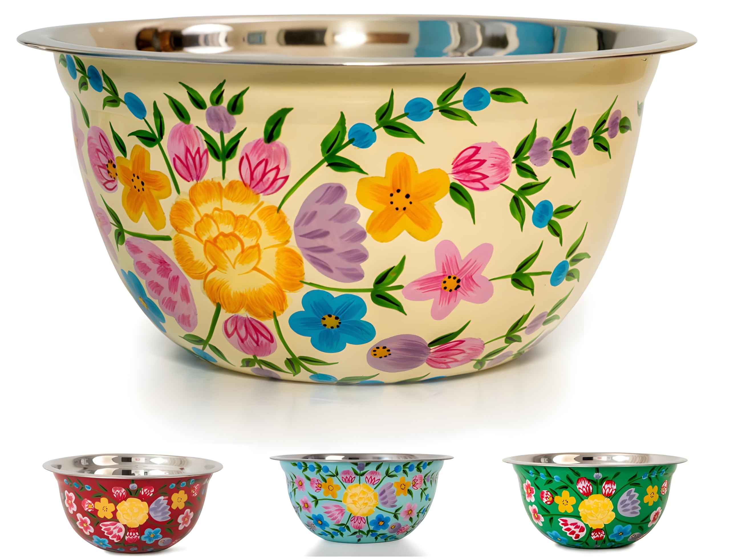 Hand Painted Stainless Steel Fruit Bowl – Large Bowl, Salad Bowl, Mixing Bowl and Serving Bowl. Decorative Bowl, Floral Bowl, Traditional Kashmiri Art Popcorn Bowl for Home Decor (Cream)