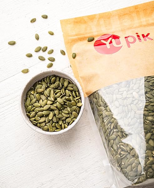 YUPIK RAW PUMPKIN SEEDS, NO SHELL, 1 LB (16 OZ), GMO-FREE, GLUTEN-FREE, KOSHER, SHELLED PEPITAS, SALT-FREE, OIL-FREE, PLANT-BASED PROTEIN, SOURCE OF FIBER, HEALTHY SNACKS, IDEAL FOR BAKING & TOPPING