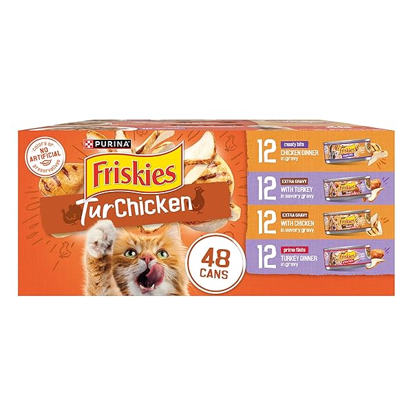 PURINA FRISKIES TURCHICKEN TURKEY AND CHICKEN WET CAT FOOD VARIETY PACK WITH MEATY BITS, PRIME FILETS, AND EXTRA GRAVY, 48 CT.