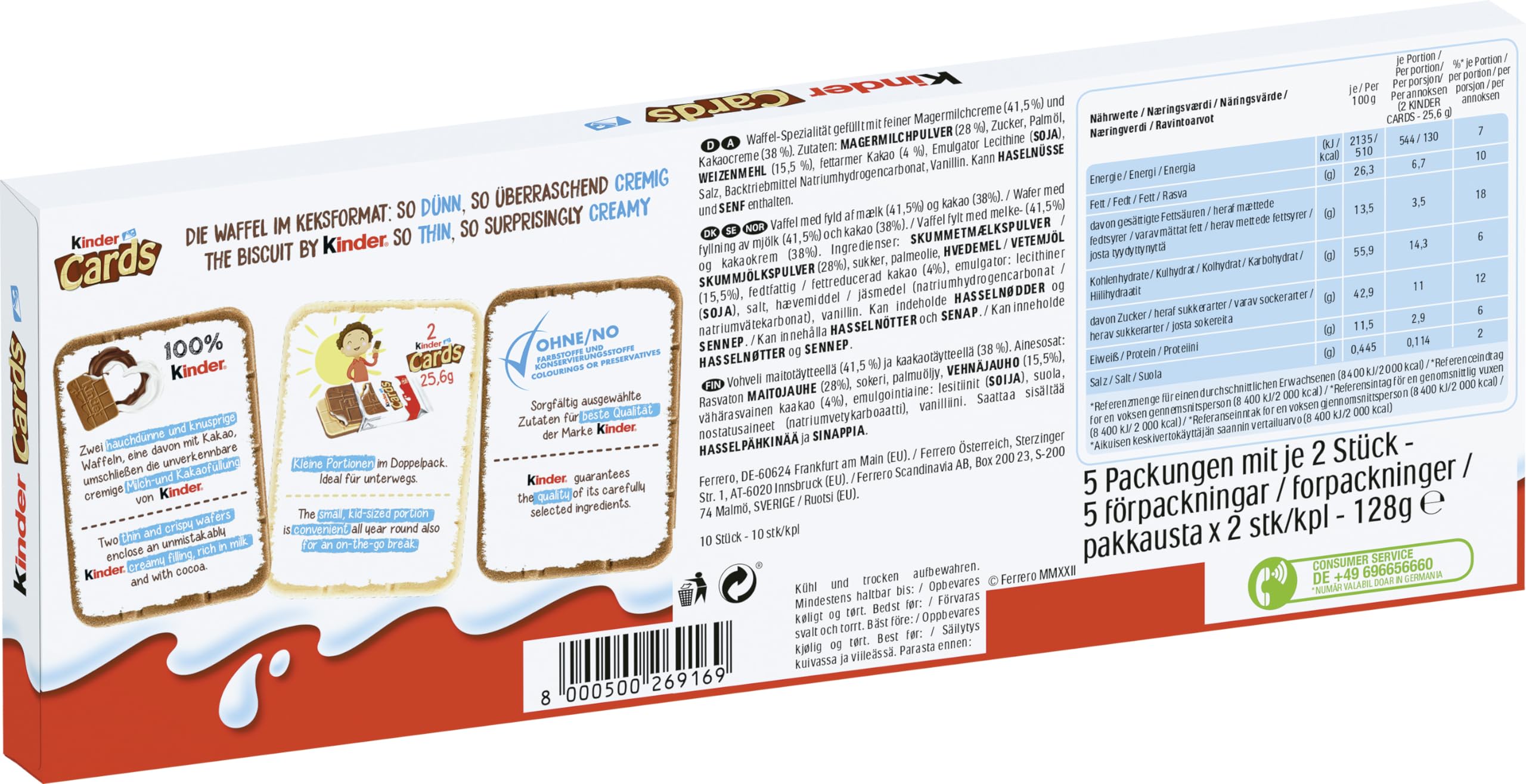 Kinder Cards - Kekswaffeln mit Milch- & Kakaocreme, knusprige Waffeln mit cremiger Füllung, Snack für unterwegs - 1 Packung, enthält 5 Einzelpackungen mit je 2 Kekswaffeln (insgesamt 10 Stück), 128 g 4