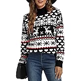 Kocowoo Women's Ugly Christmas Sweater Snowflake Reindeer Pattern Sweaters Crew Neck Cute Xmas Knit Pullover Tops