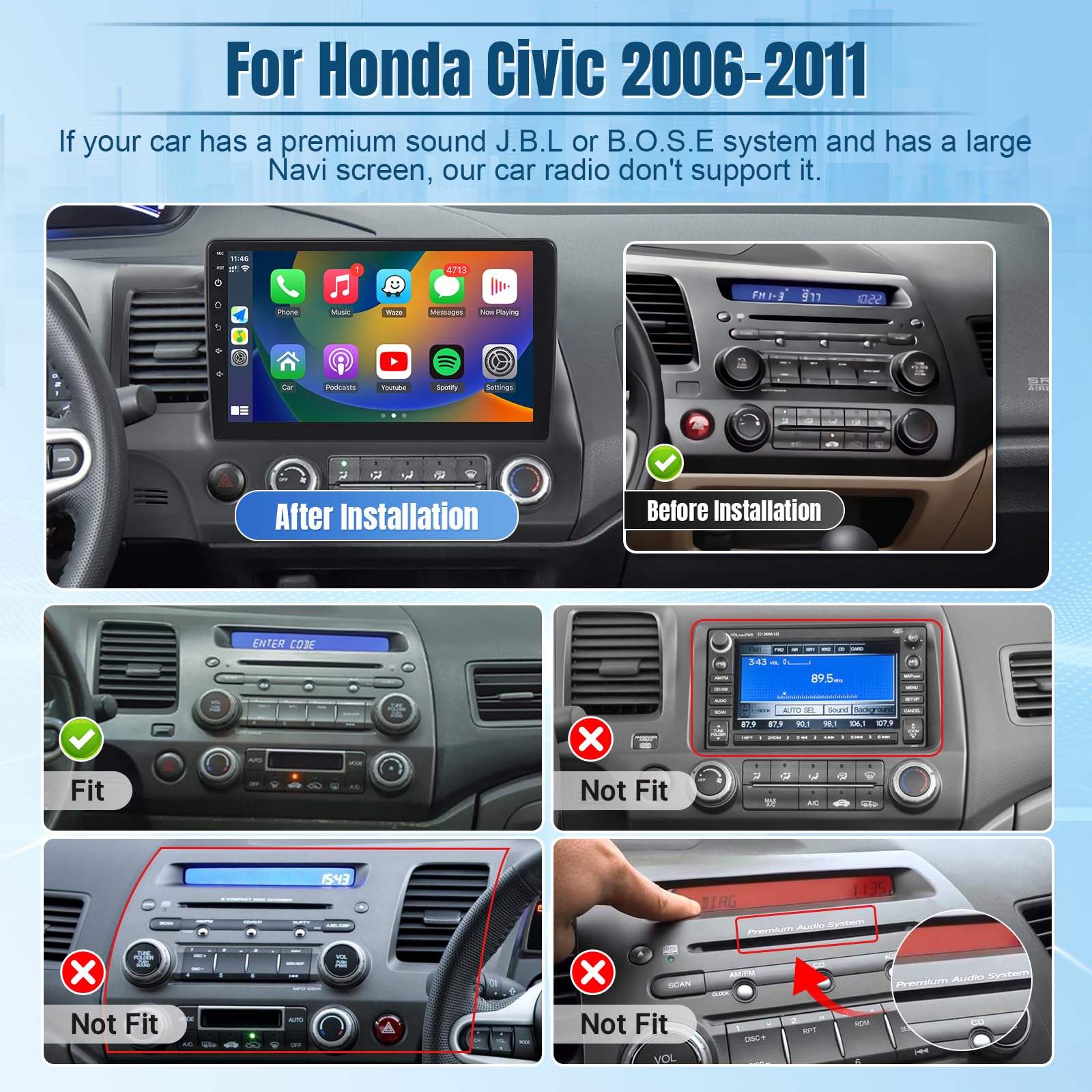 Naifay Android Car Radio for Honda Civic 2006 2007 2008 2009 2010 2011 with Wireless CarPlay Android Auto, 2+32G 10.1inch IPS Touch Screen for Civic Car Stereo with Bluetooth GPS Navigation WiFi SWC