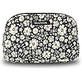 Bella Taylor Large Quilted Cotton Makeup Pouch for Women, Travel Cosmetic Bag, Quilted Cotton Bicolor Floral Black and Cream