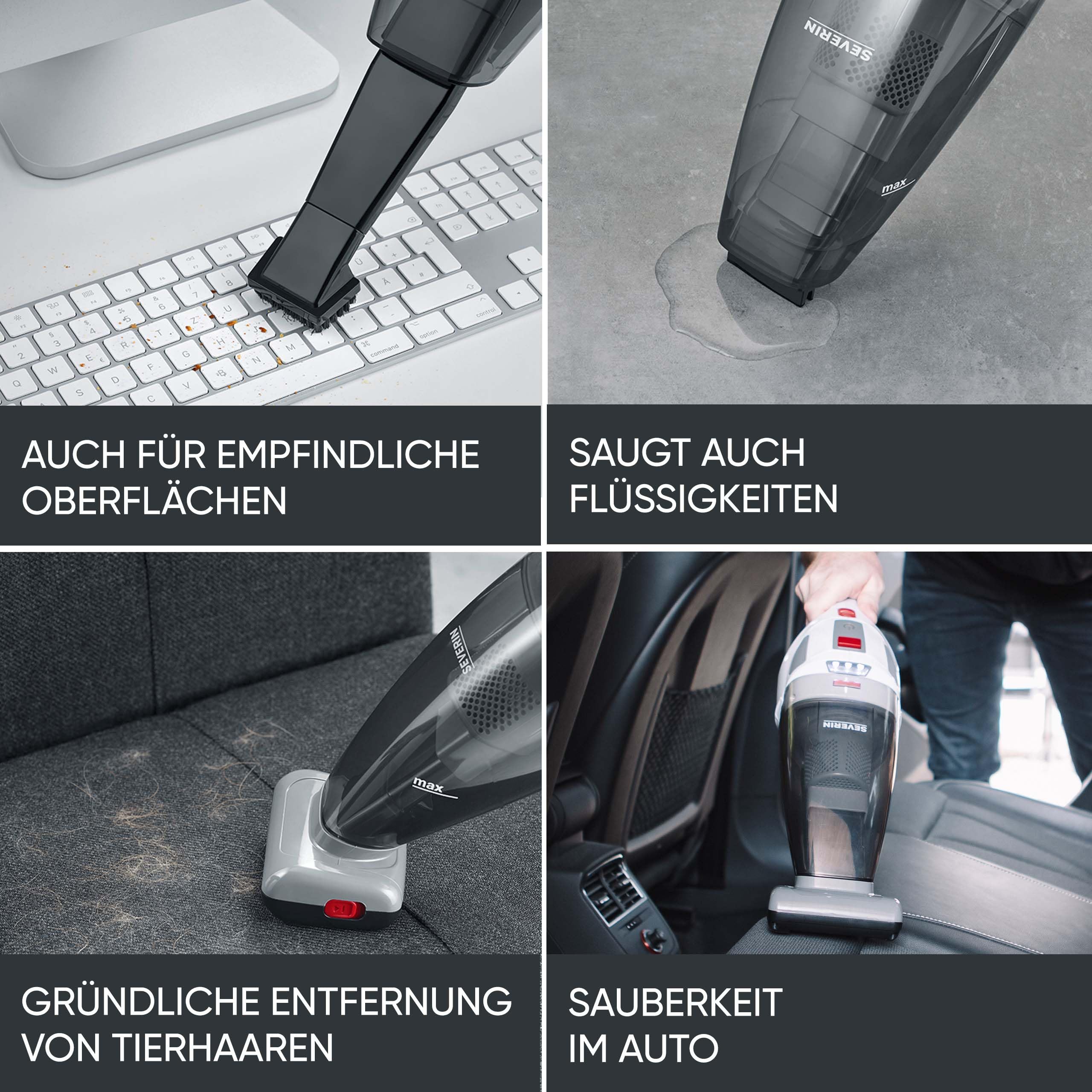 Severin 4-in-1 Akku-Handstaubsauger, kabelloser Nass- & Trockensauger für Autositze, Handsauger für Tierhaare & Flüssigkeiten, bis zu 30 Min Laufzeit im Eco-Mode, weiß-graurot, HV 7146 3