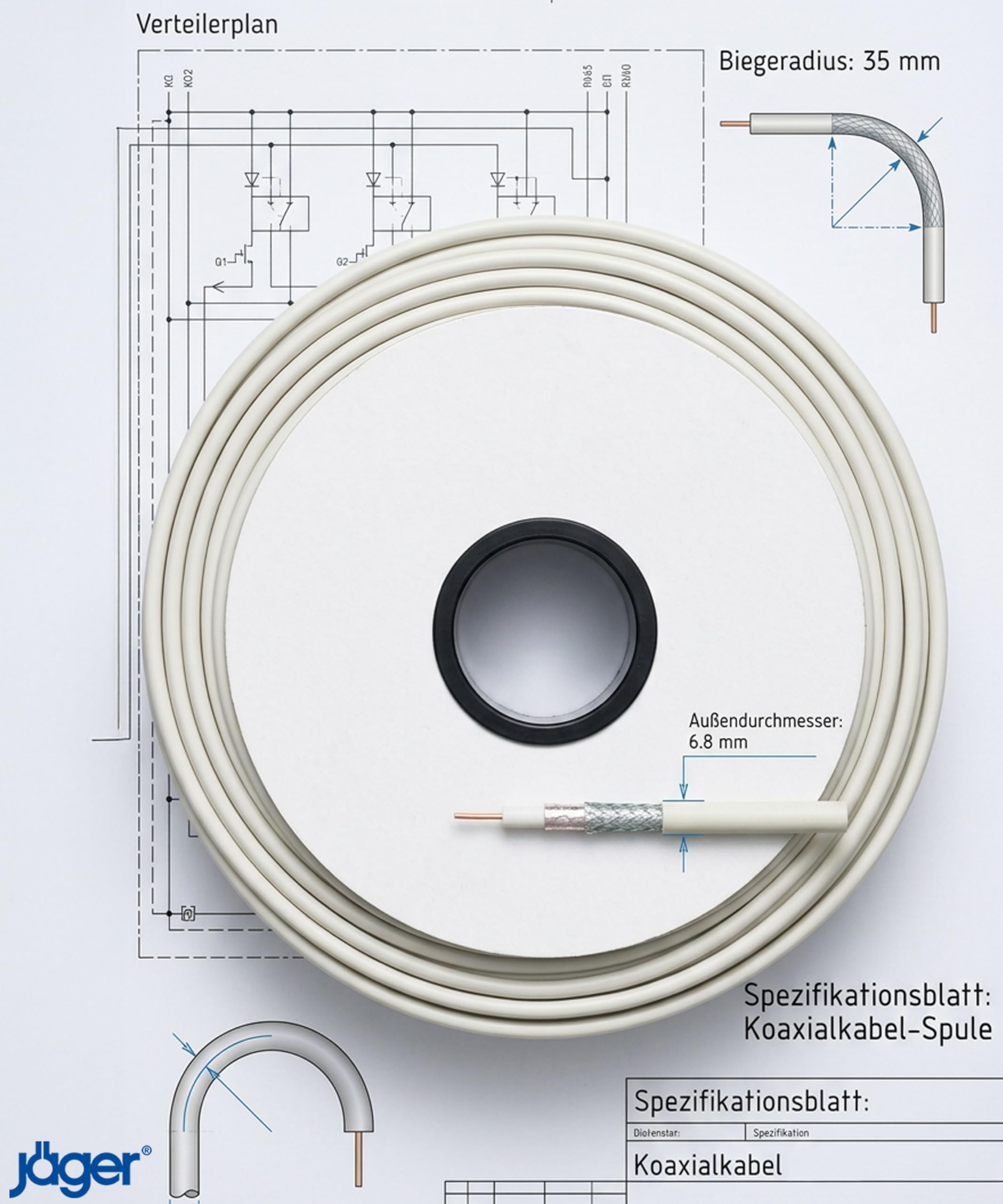 Jäger 100m Koaxialkabel SAT TV Antennenkabel Digital Koaxkabel Koaxial Kabel BK Anlage >90 dB 75 Ohm SAT-Kabel für DVB-T DVB-C DVB-S Radio DAB HDTV Weiß 5
