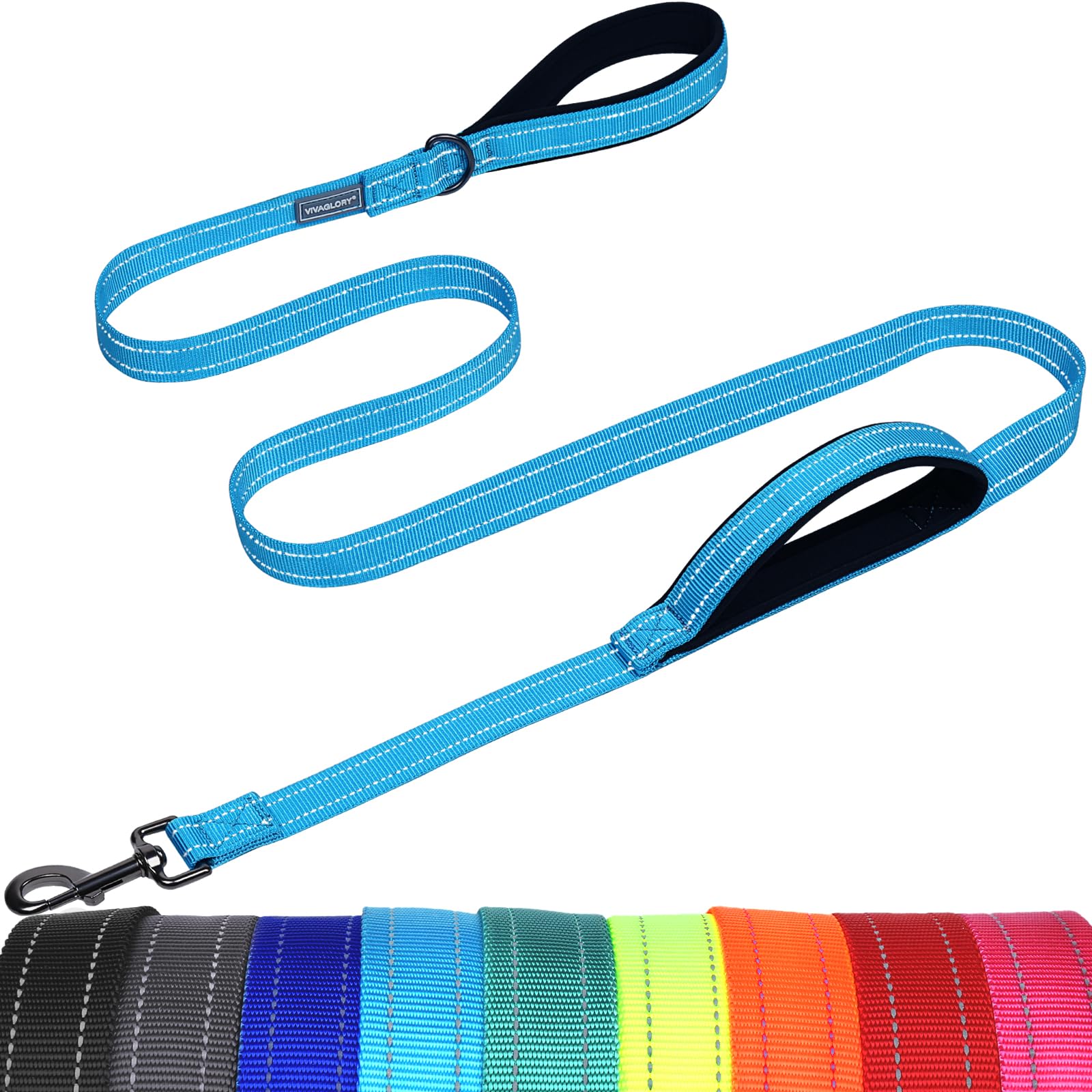 VIVAGLORY Dog Lead Twingrip Double Handle Dog Lead, Leash with Traffic Handle & 2 Loop for Walking & Training, Traffic Control Reflective Heavy Duty for Puppy Pet, 1.8m x 2.5cm, Lake Blue