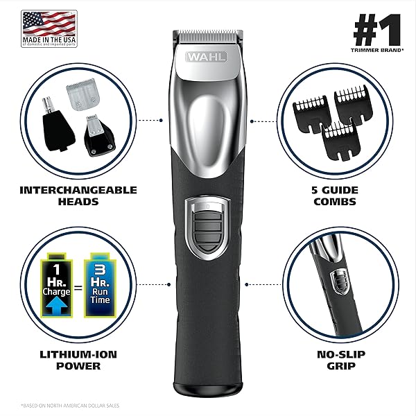 WAHL USA RECHARGEABLE LITHIUM ION ALL IN ONE BEARD TRIMMER FOR MEN WITH DETAIL AND EAR & NOSE HAIR TRIMMER ATTACHMENT – MODEL 9854-600B