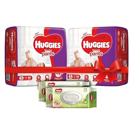 Huggies Wonder Pants Comfort Pack Small Size Diapers (146 Count) and Huggies Baby Wipes - Cucumber & Aloe Pack of 2 (144 Wipes)