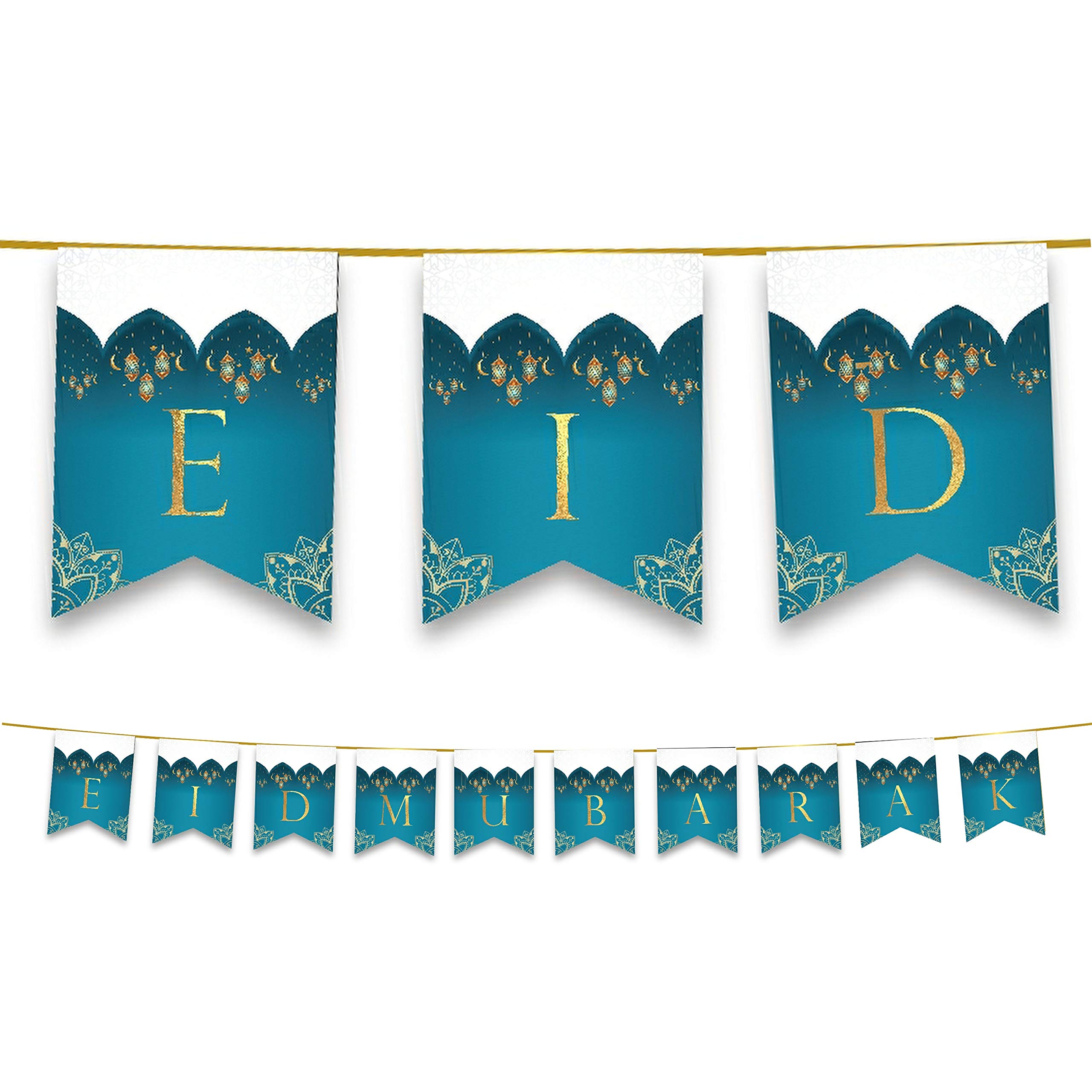 Al-Muallim Books Eid Mubarak Bunting Party Flags - Happy Eid Decorations (10 Flags) (Teal & Gold)