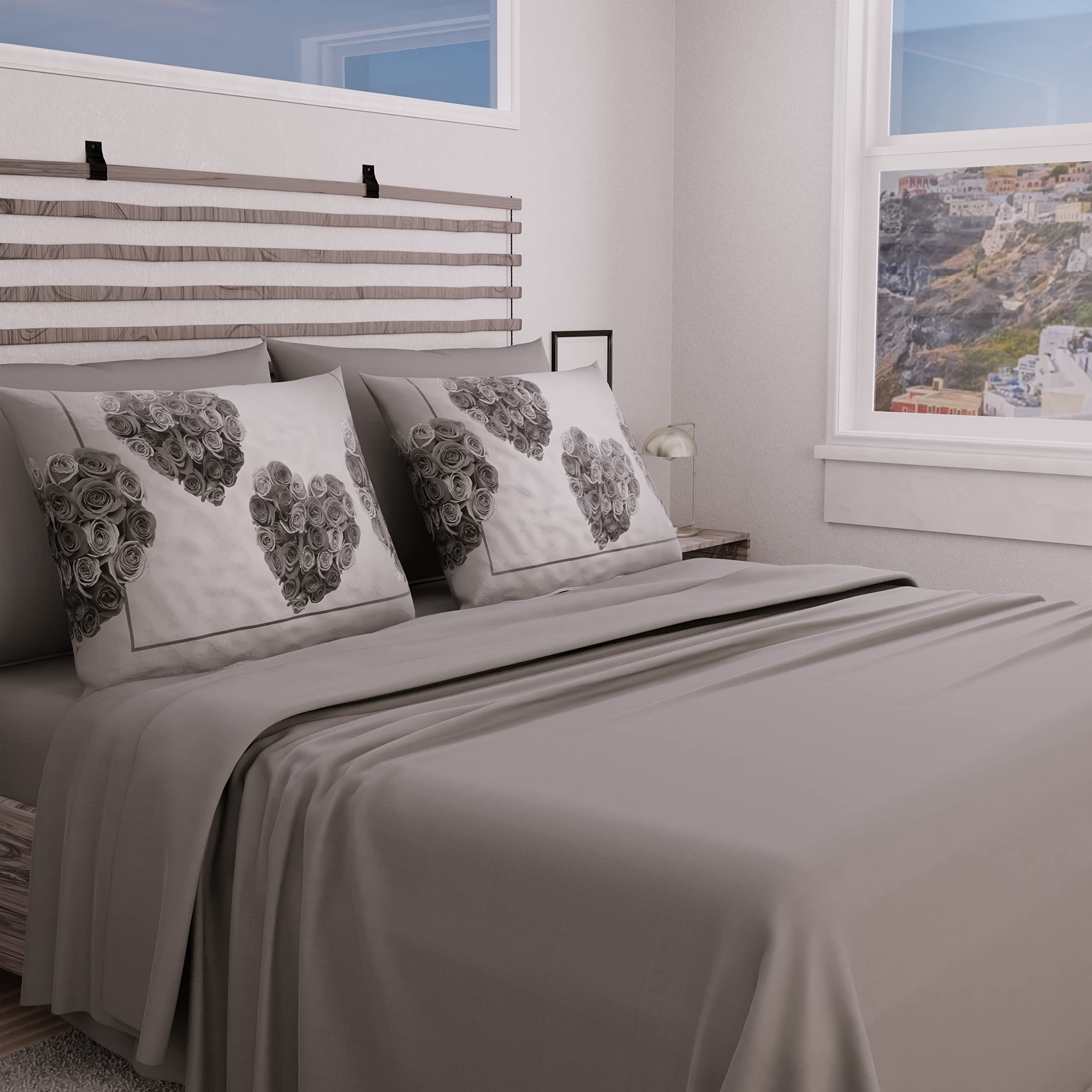 PETTI Artigiani Italiani - Complete Bed Set, Double Sheets, Black & White Hearts, Double Bed Set, Print only on Pillowcases 100% Made in Italy — image 1
