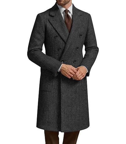 Wangyue Black Tweed Trench Coat Men Double Breasted Pea Coats