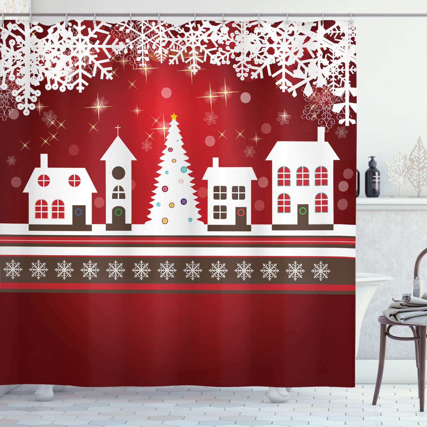 ABAKUHAUS Christmas Shower Curtain, Winter Holidays Theme Gingerbread House Trees and Snowflakes Artwork Print, Cloth Fabric Bathroom Decor Set with Hooks, 175 x 200 cm, White Red