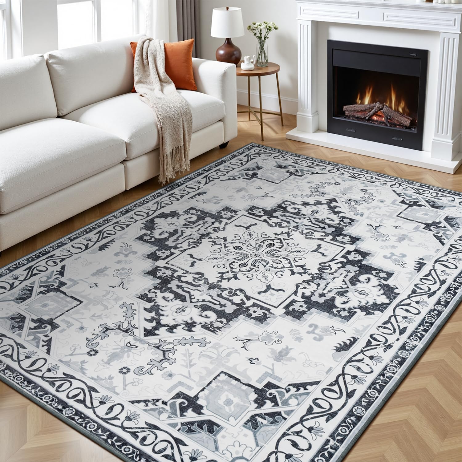 Rugflix 6x9 Area Rug for Living Room, Machine Washable Area Rugs with Non-Slip Backing, Large Soft Boho Vintage Rug for Bedroom, Dining Room, Low Pile Carpet, Kids Pet Friendly, Grey Image