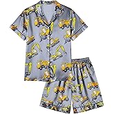 Fiodrimy Boys Pajamas Little Boys Satin PJS Set Short Sleeve Button Down Kids Silky Pajama Lounge Sleepwear Size 4-10