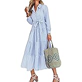 Caracilia Women Long Sleeve Maxi Dress 2026 Spring Casual Button Down Striped Plaid Tie Waist Shirt Dresses Vacation Outfits
